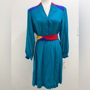 Vintage Cadaz Petite Silk Jade Teal Long Sleeve Dress Multicolor Belt Size 8 NWT